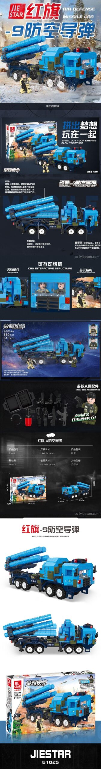 Infographic chi tiết bộ xếp hình Xe Phóng Tên Lửa Phòng Không HQ-9 JIESTAR 25, thể hiện tính năng nâng hạ, kích thước mô hình, chất lượng cao
