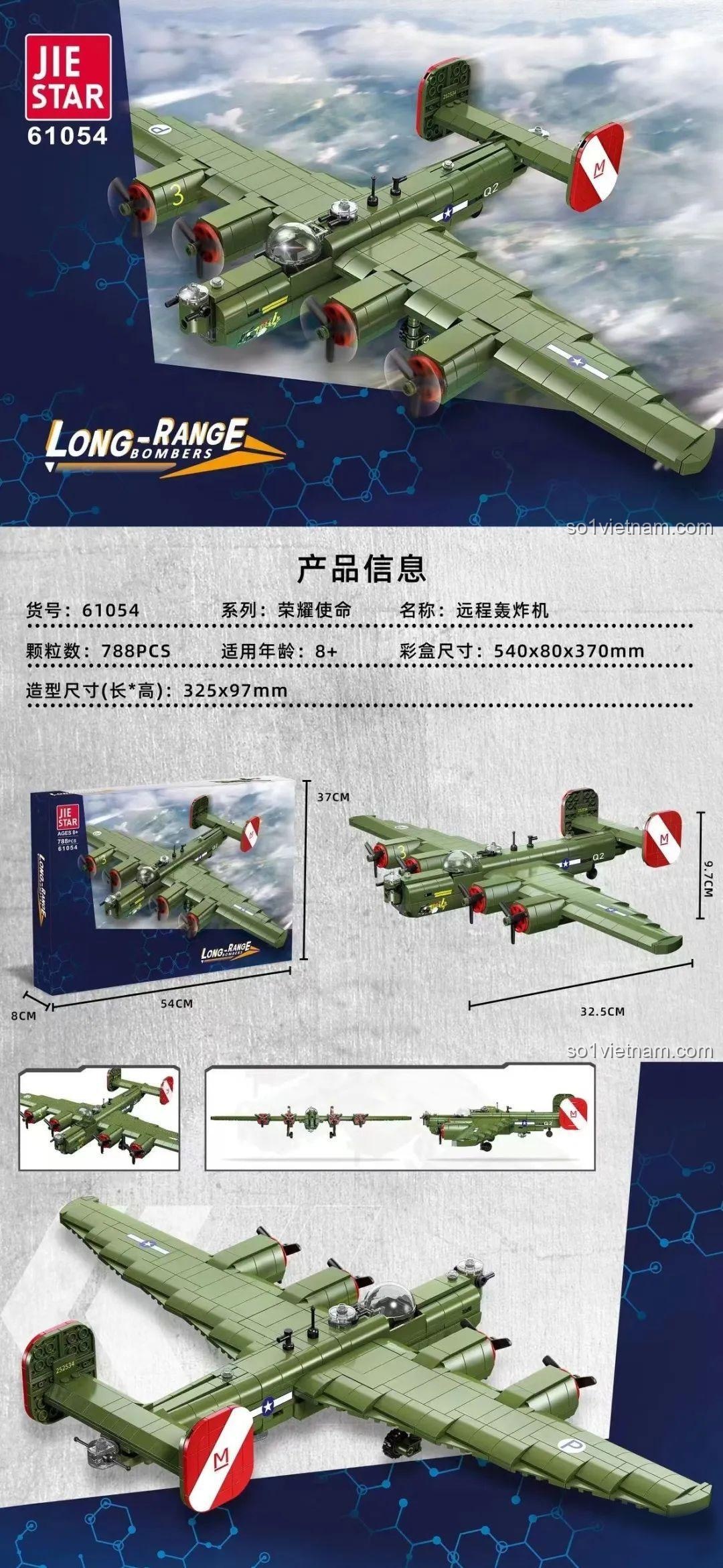 Ảnh kích thước đồ chơi mô hình JIESTAR 61054, máy bay ném bom tầm xa với 788 mảnh ghép, giúp bé trai 8 tuổi phát triển tư duy.