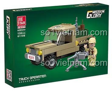 Hộp bộ lắp ghép JIESTAR 61106 Xe Bán Tải Quân Sự, đồ chơi lắp ráp cho bé trai 6 tuổi, chất lượng đảm bảo.