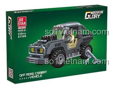 Hộp đồ chơi lắp ghép xe chiến đấu địa hình JIESTAR 61109, gồm 236 chi tiết, là món quà giá rẻ cho bé trai.