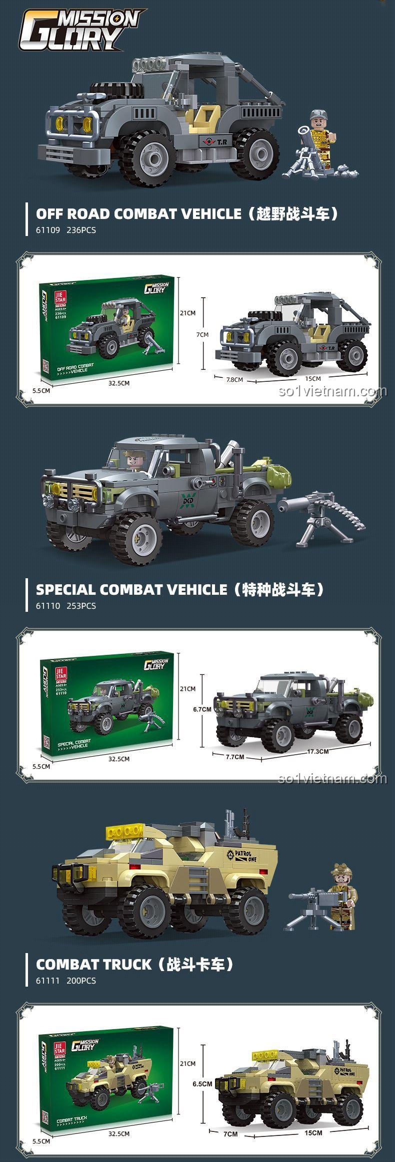 Thông số kích thước của bộ lắp ghép JIESTAR 61109 Xe Chiến Đấu Địa Hình và các mẫu khác trong series Mission Glory.