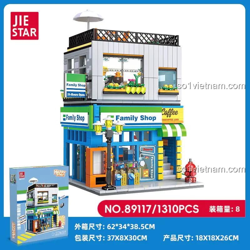 Kích thước hộp và mô hình của bộ xếp hình Cửa hàng Family Shop JIESTAR 89117, đồ chơi mô hình Kiến Trúc Tinh Xảo, giá rẻ cho bé 6 tuổi.