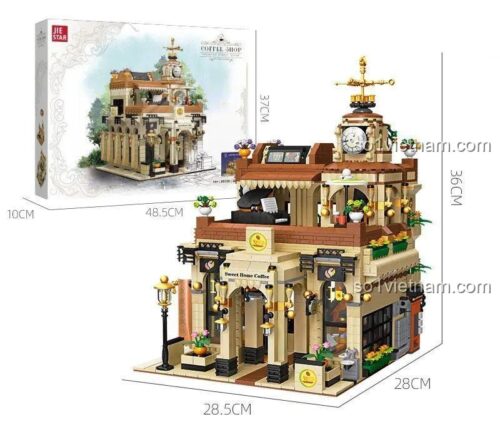 Hình ảnh thể hiện kích thước của đồ chơi mô hình Tòa nhà Quán Cà Phê Phong Cách Châu Âu và hộp sản phẩm JIESTAR 89120, cao 36cm.