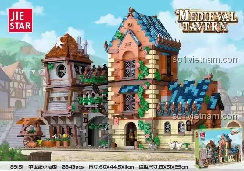 bộ lắp ghép Quán Rượu Trung Cổ đồ chơi mô hình JIESTAR 89151, hộp sản phẩm kiến trúc cổ kính cho bé trai 6 tuổi