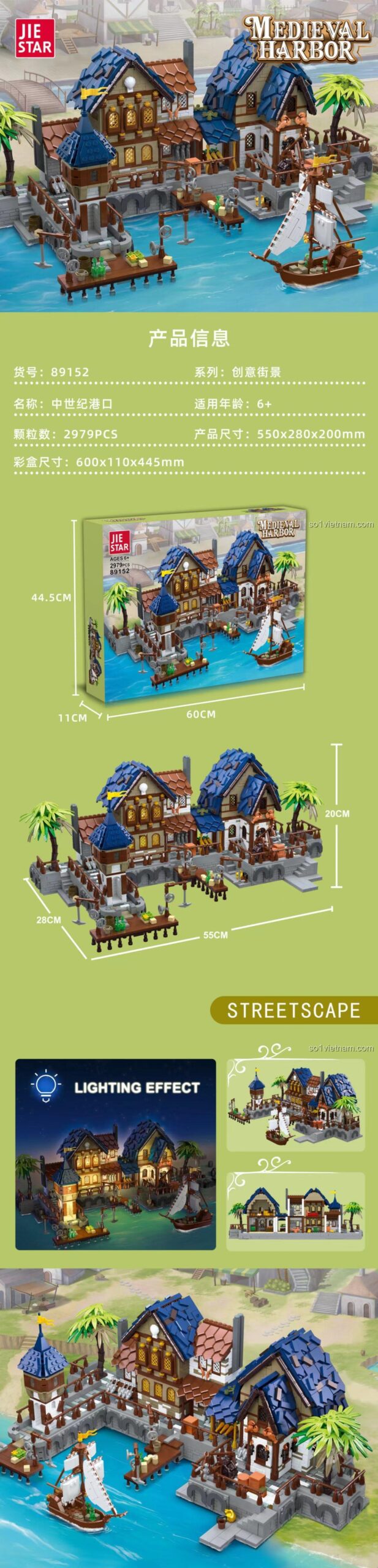Hộp đồ chơi xây dựng 89152 Cảng Trung Cổ JIESTAR, hiển thị kích thước hộp và mô hình, 2979 mảnh ghép