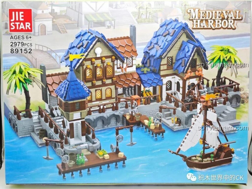 Hộp đồ chơi lắp ráp JIESTAR 89152 Cảng Trung Cổ với hình ảnh mô hình hoàn chỉnh, thuyền buồm và kiến trúc cổ điển.