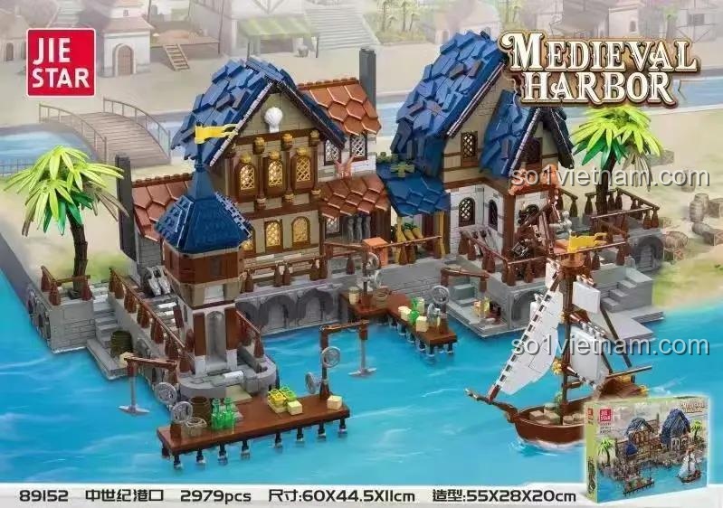 Hiệu ứng đèn LED của đồ chơi xây dựng 89152 Cảng Trung Cổ JIESTAR, tạo không khí huyền ảo