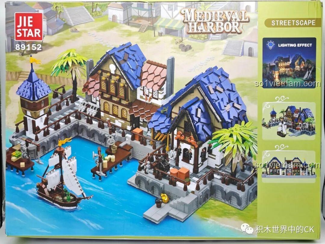 Mặt sau hộp đồ chơi JIESTAR 89152 Cảng Trung Cổ, hiển thị các góc nhìn khác của mô hình và tính năng đèn LED.