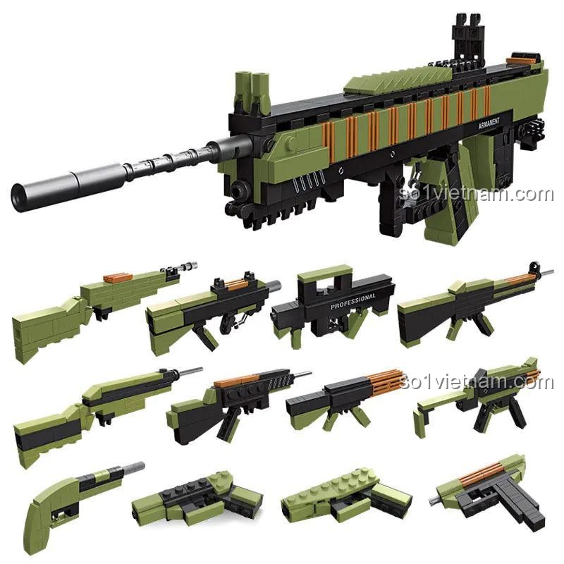Bộ lắp ghép 12 trong 1 JIESTAR 92409, lắp được 12 mẫu súng nhỏ và 1 súng lớn Type 88.