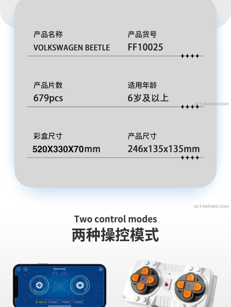 Kích thước mô hình Xe Volkswagen Beetle JIESTAR FF10025, hai chế độ điều khiển, kết nối điện thoại, cho bé trai 6 tuổi