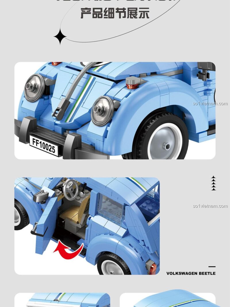 Mô hình Xe cổ Volkswagen Beetle JIESTAR FF10025 nhìn từ phía sau, có biển số FF10025, đồ chơi cho bé trai