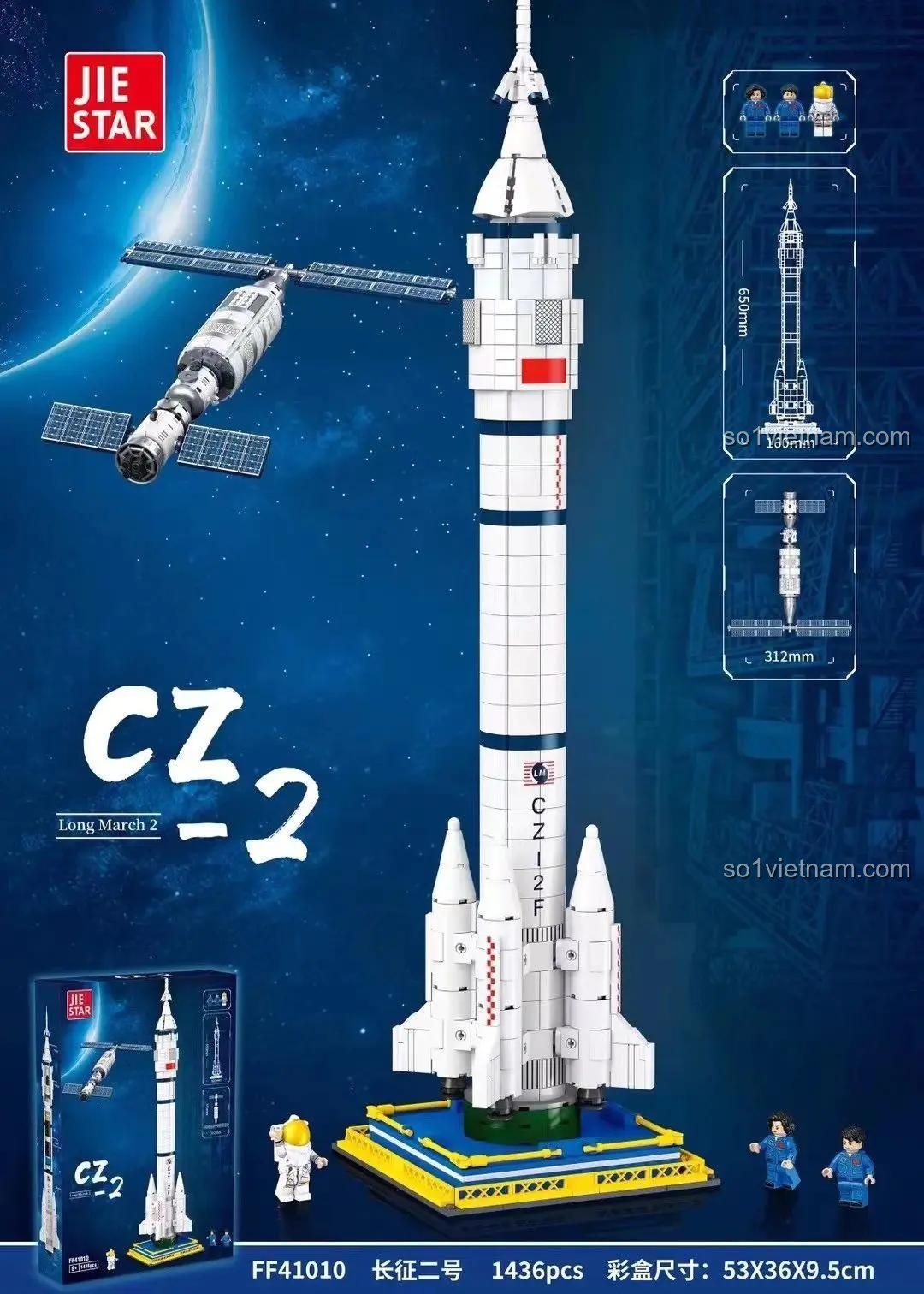 Kích thước đồ chơi mô hình JIESTAR FF41010 Tên lửa vũ trụ CZ-2, cao 65cm, gồm 1436 mảnh ghép.