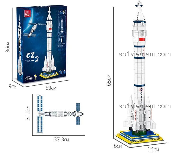 Thông số kích thước chi tiết của bộ lắp ráp JIESTAR 41010 và hộp sản phẩm.