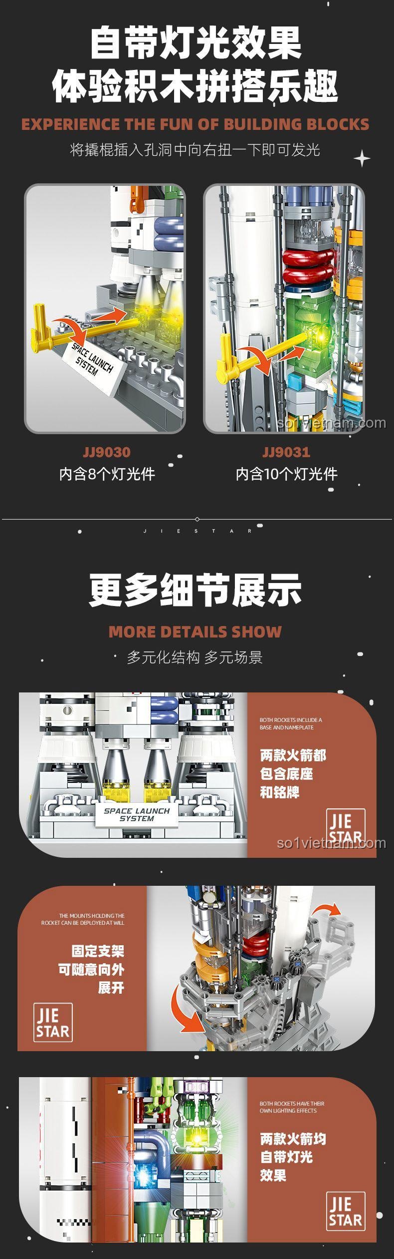 Bộ lắp ghép Mô hình Tên lửa Falcon Heavy JIESTAR JJ9031 có đèn LED, đồ chơi mô hình không gian, trải nghiệm lắp ráp thú vị.