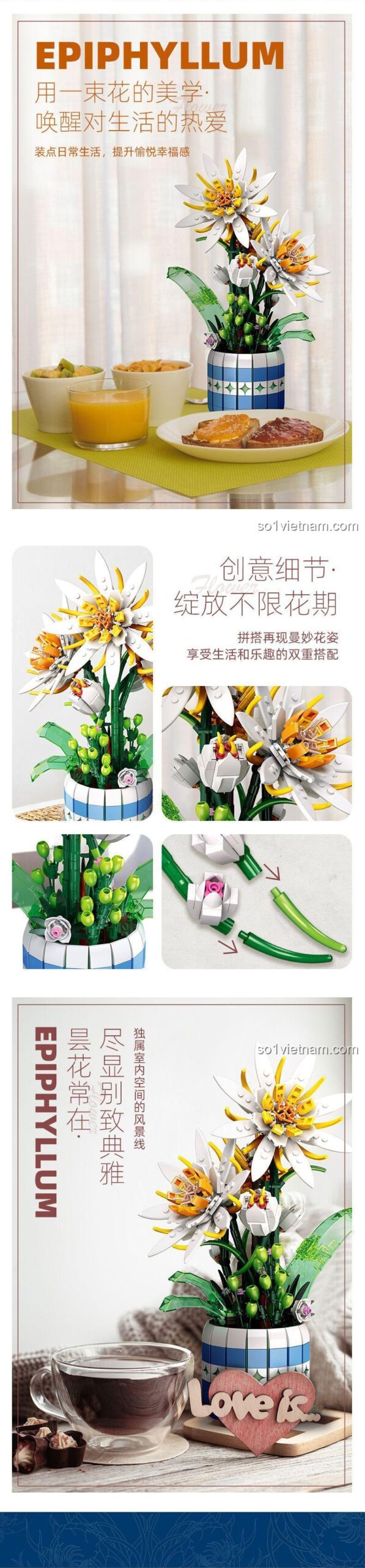 Cây cảnh Hoa Quỳnh JIESTAR, mô hình hoa trang trí, đồ chơi lắp ghép 9033, phát triển tư duy cho bé gái