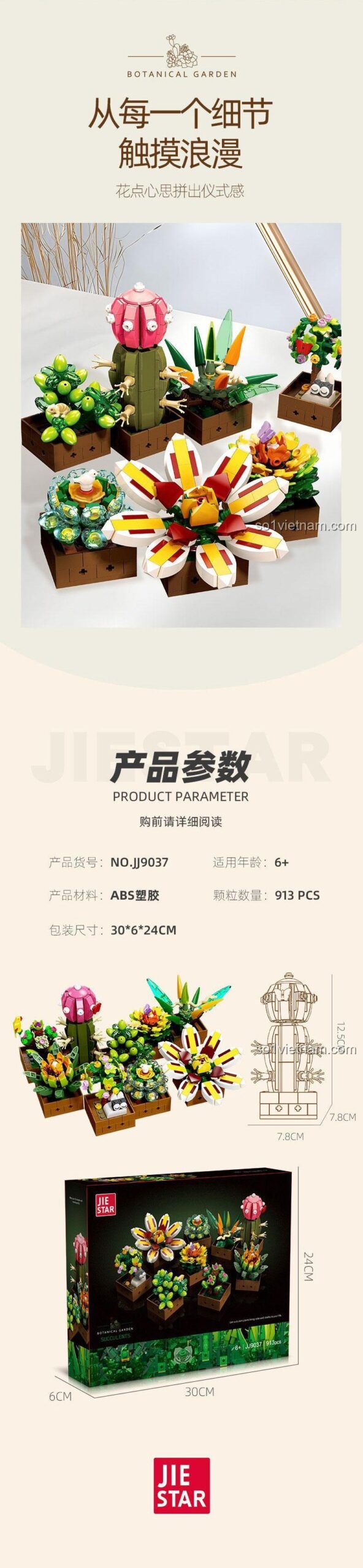 thông số kỹ thuật Cây Cảnh Mini Lắp Ghép JJ9037, bộ lắp ghép Vườn Cây Mọng Nước, 913 chi tiết, cho Mẹ có con 6 tuổi