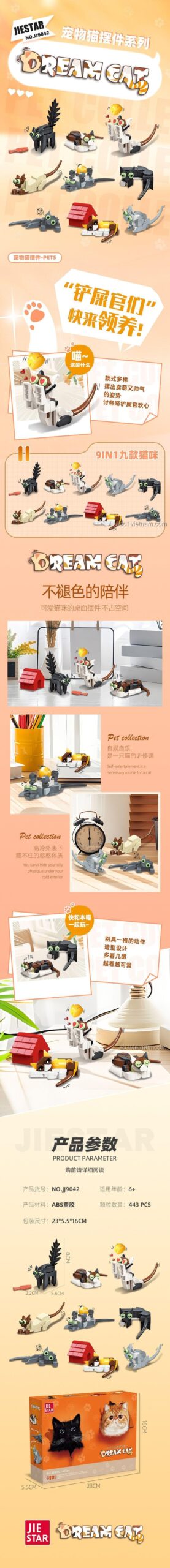 Thông tin chi tiết bộ lắp ghép JIESTAR JJ9042 Mèo cưng, đồ chơi mô hình cho bé gái 6 tuổi, giá rẻ.