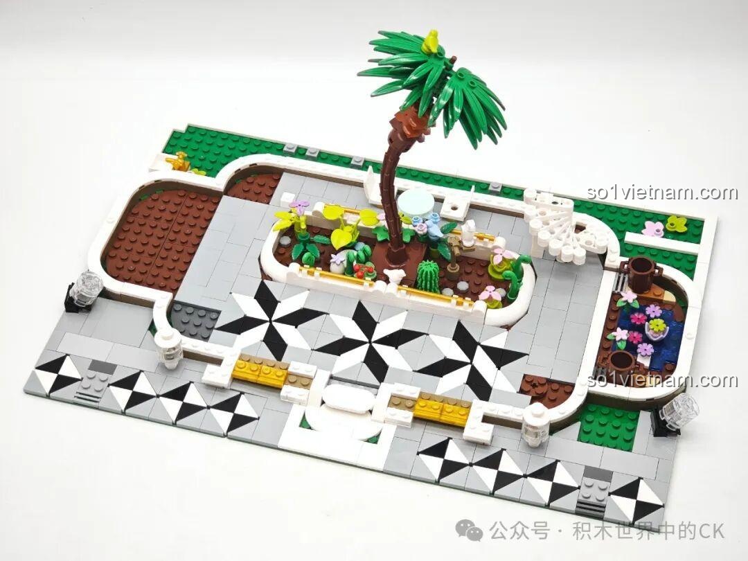 Các chi tiết cây cảnh, hoa lá rực rỡ trong quá trình lắp ráp bộ JIESTAR JJ9044 Vườn Bách Thảo.