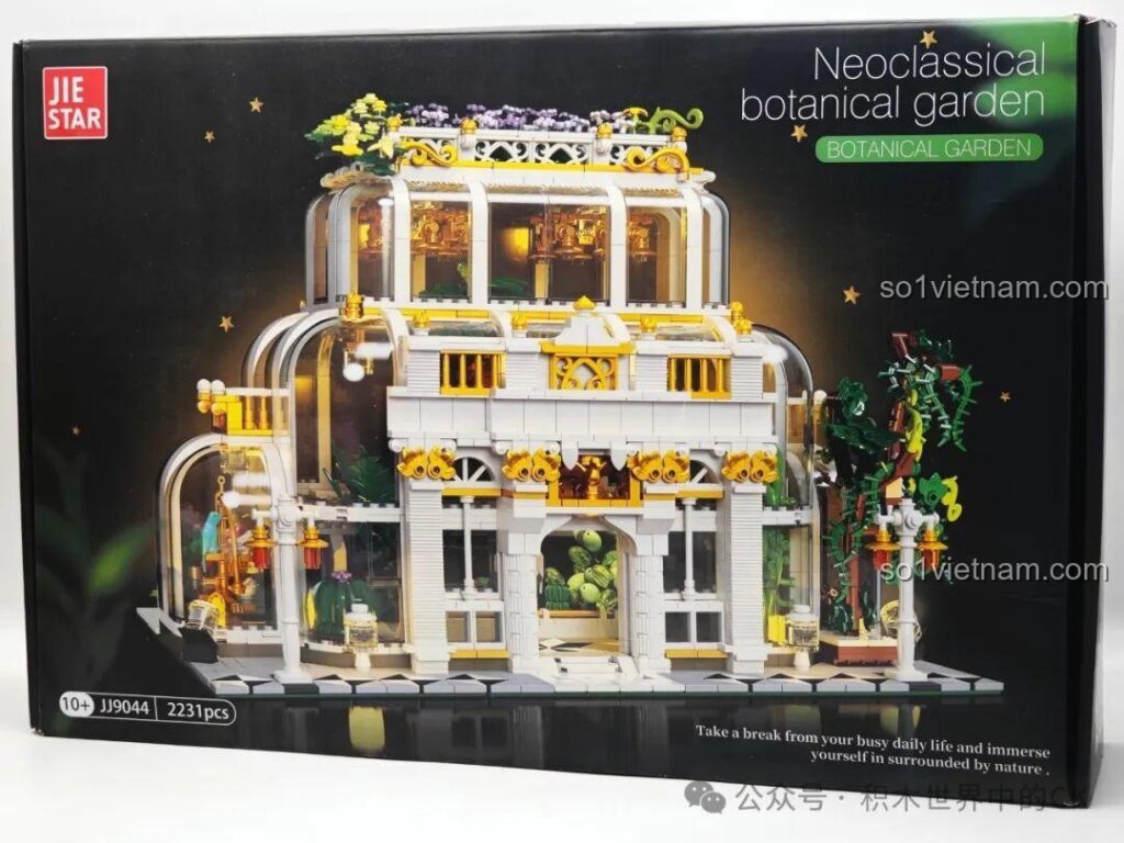 Hộp đồ chơi lắp ghép JIESTAR JJ9044 Vườn Bách Thảo Tân Cổ Điển với hình ảnh mô hình nhà kính lộng lẫy.