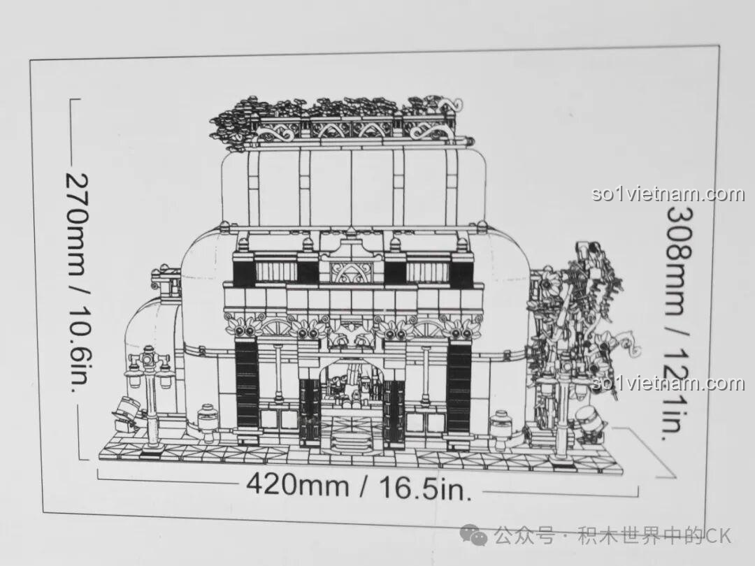 Bản vẽ kỹ thuật hiển thị kích thước chi tiết của mô hình Vườn Bách Thảo Tân Cổ Điển JIESTAR JJ9044.