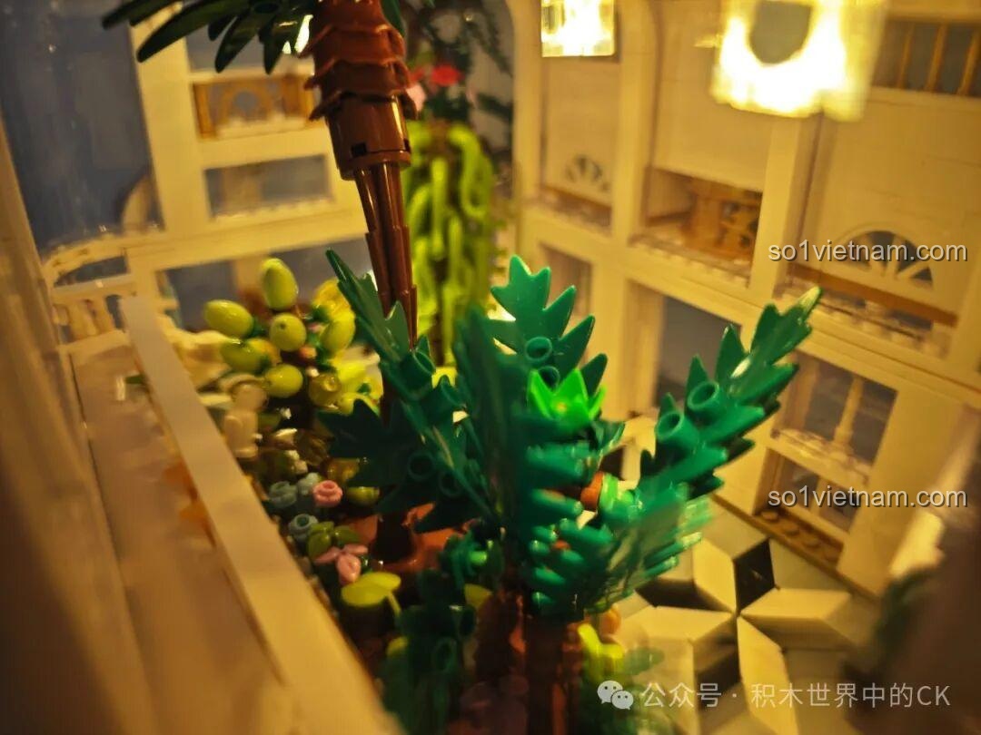 Nội thất bên trong mô hình Vườn Bách Thảo Tân Cổ Điển JIESTAR JJ9044 với đèn LED và chú chim, đồ chơi xây dựng 2231 mảnh, giá tiết kiệm.