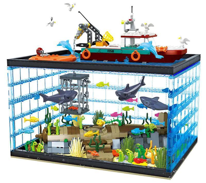 bộ lắp ghép Mô hình bể cá đại dương JIESTAR JJ9048 cho bé trai 8 tuổi, giá rẻ, có đèn LED.