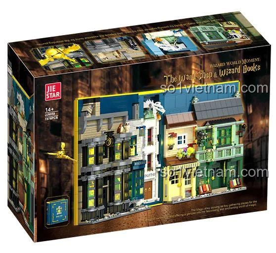 Hộp sản phẩm JIESTAR JJ9058 Sách Thế Giới Phù Thủy Diagon Alley, hiển thị mô hình mở và đóng, 1976 mảnh ghép, đồ chơi xây dựng cho bé trai và bé gái 14+.