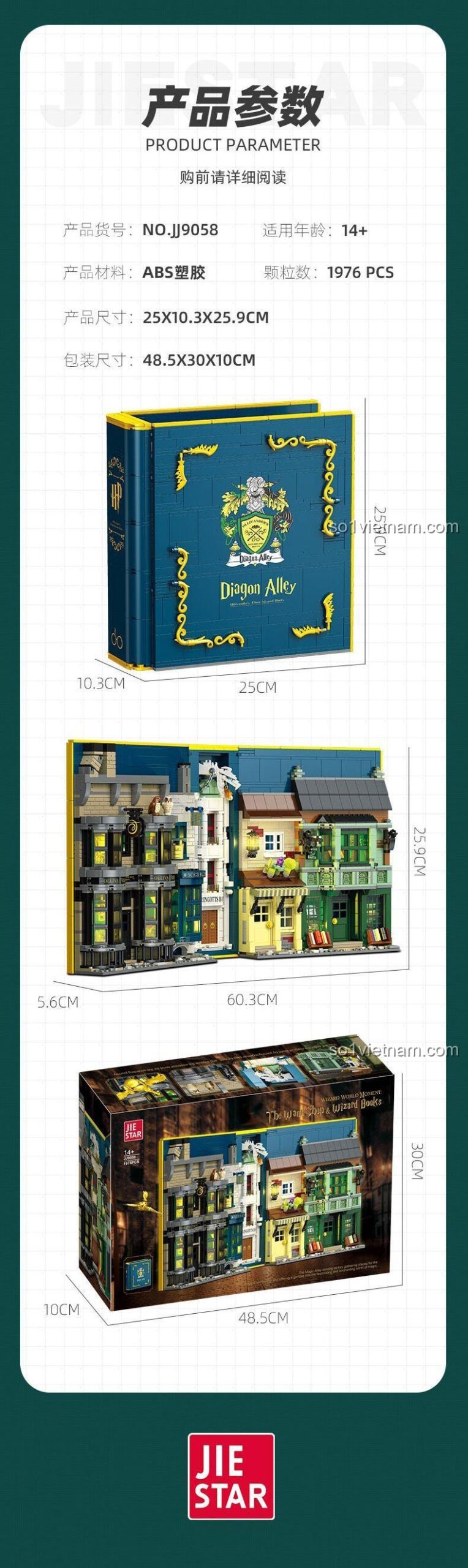 Thông số kỹ thuật và kích thước của bộ lắp ghép JIESTAR JJ9058 Sách Thế Giới Phù Thủy Diagon Alley, bao gồm số chi tiết 1976, độ tuổi 14+, kích thước mô hình và hộp, đồ chơi xếp hình chất lượng cao.