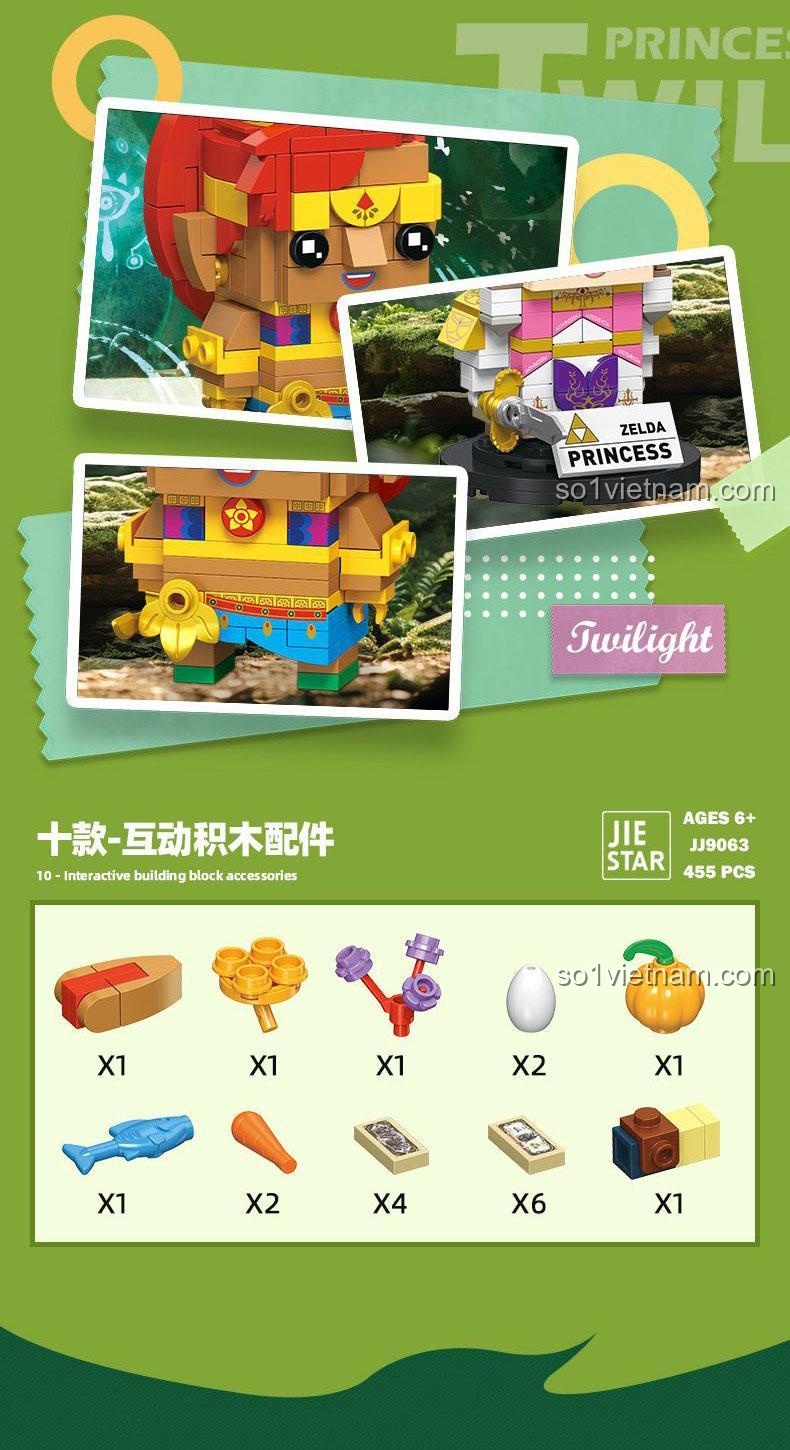 Các phụ kiện lắp ráp tương tác của bộ lắp ghép JIESTAR JJ9063 Zelda và Urbosa, bao gồm kiếm, khiên, trái cây, trứng, sách, đồ chơi mô hình sáng tạo.
