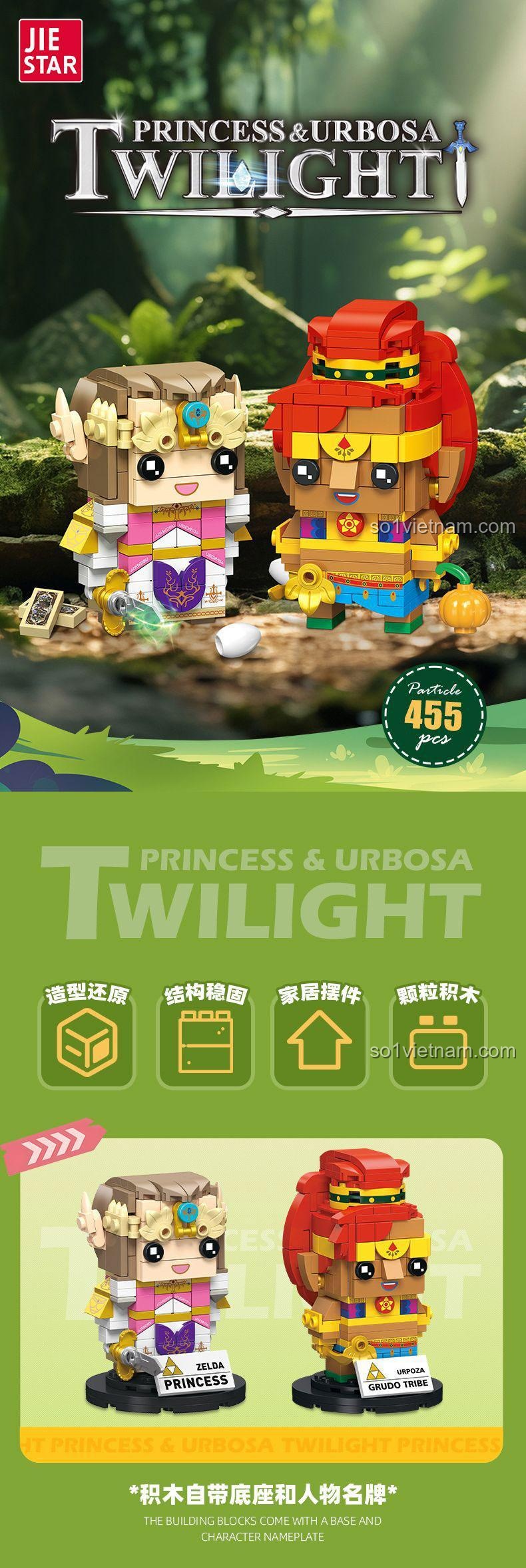 Bộ lắp ghép JIESTAR JJ9063 Zelda và Urbosa trong bối cảnh rừng xanh, mô hình BrickHeadz Công chúa Zelda và Chiến binh Urbosa, đồ chơi xếp hình giá tốt.