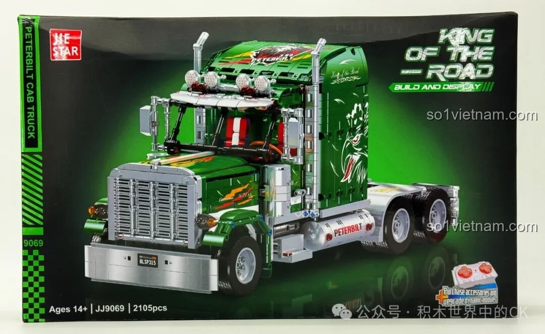 Mặt trước hộp bộ lắp ghép JIESTAR JJ9069 Xe đầu kéo Peterbilt 389 màu xanh lá, hiển thị mô hình xe tải mạnh mẽ. Review JIESTAR JJ9069 Peterbilt 389.