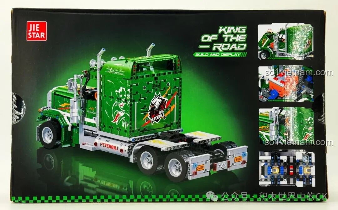 Mặt sau hộp bộ lắp ghép JIESTAR JJ9069 Xe đầu kéo Peterbilt 389, hiển thị các góc nhìn và chi tiết kỹ thuật. Review JIESTAR JJ9069 Peterbilt 389.