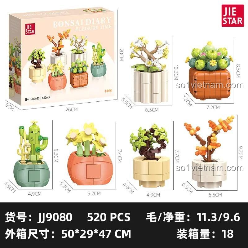 Bộ đồ chơi JIESTAR JJ9080 6 chậu cây cảnh mini bonsai, bộ xếp hình JJ9080 trang trí, kích thước hộp và từng mẫu, phù hợp bé trai bé gái 6 tuổi
