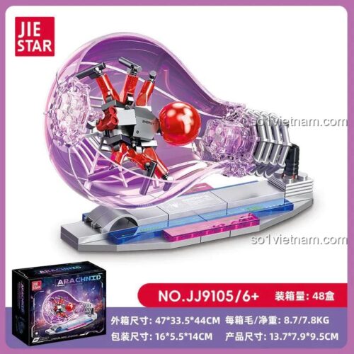Hộp đồ chơi lắp ghép Mô hình Nhện Cyberpunk JIESTAR JJ9105, thể hiện kích thước sản phẩm, phù hợp bé trai 6 tuổi, giá tiết kiệm