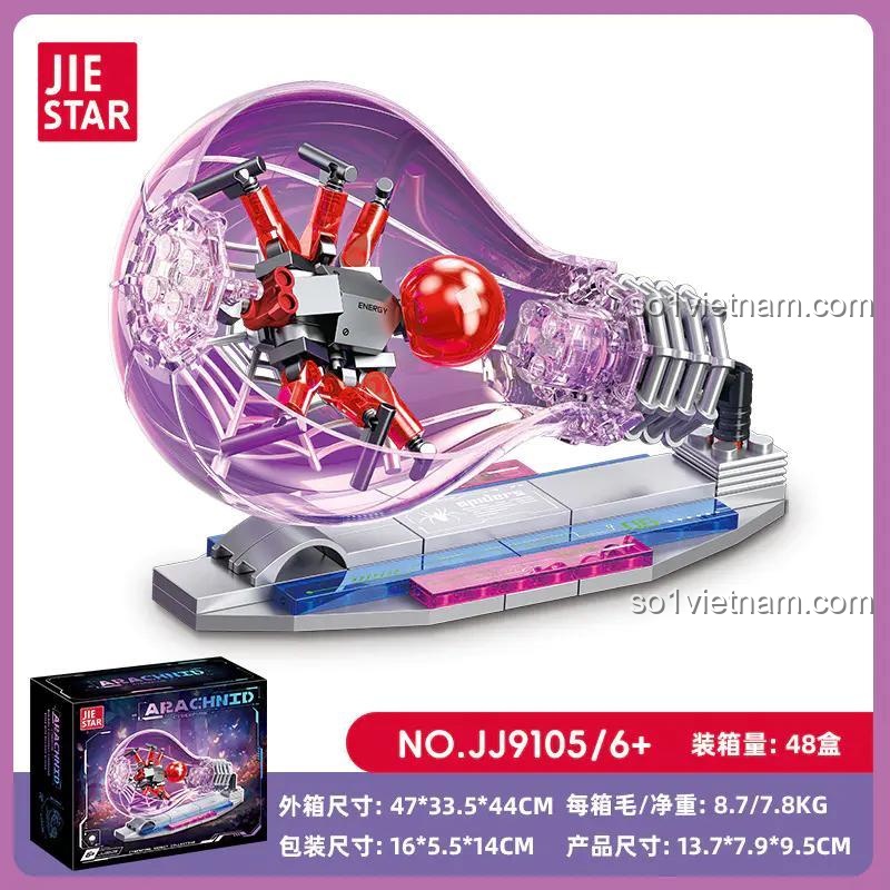 Hộp đồ chơi lắp ghép Mô hình Nhện Cyberpunk JIESTAR JJ9105, thể hiện kích thước sản phẩm, phù hợp bé trai 6 tuổi, giá tiết kiệm