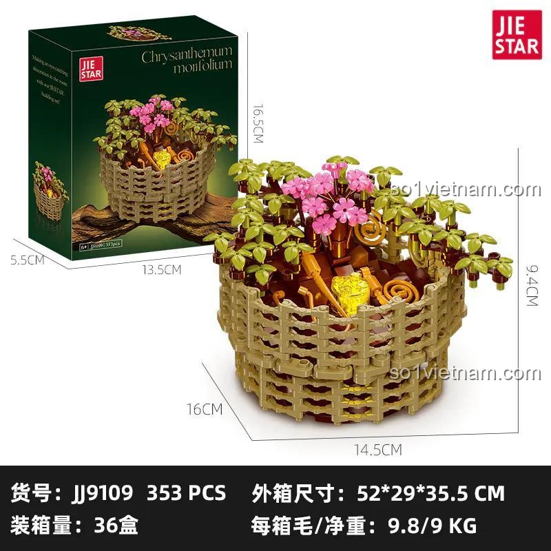 Ảnh hộp và kích thước của bộ xếp hình hoa JJ9109 Chậu Hoa Cúc Bách Nhật, thể hiện rõ chiều dài, rộng, cao của sản phẩm và bao bì.