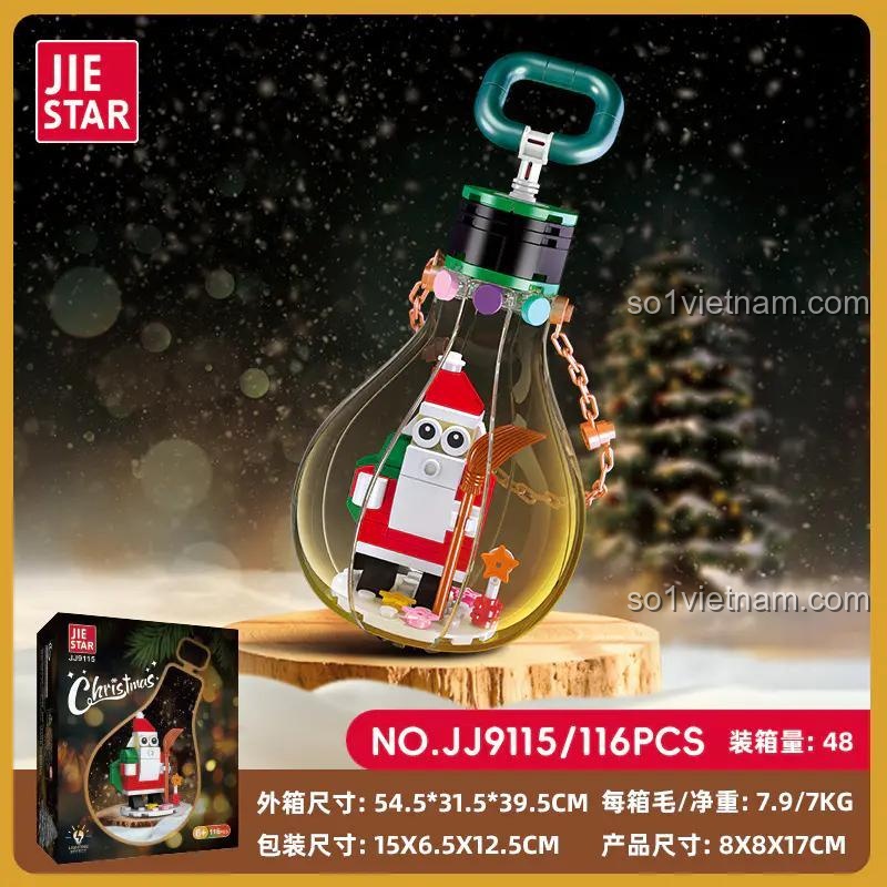 Hộp đồ chơi mô hình JIESTAR JJ9115 Đèn Giáng Sinh Ông Già Noel 116 mảnh, hiển thị kích thước và thông tin sản phẩm, chất lượng cao.
