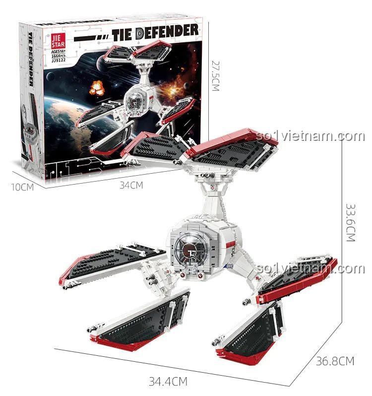đồ chơi lắp ráp Tàu chiến TIE Defender JIESTAR JJ9122, hiển thị kích thước mô hình và hộp, 1664 mảnh ghép, cho bé trai 14 tuổi, giá tiết kiệm