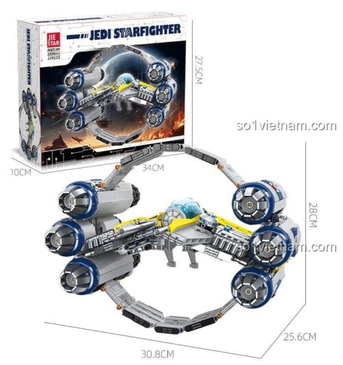 Kích thước hộp và mô hình JIESTAR JJ9125 Jedi Starfighter, bộ đồ chơi Tàu chiến không gian Jedi, phù hợp con trai 14 tuổi, tiết kiệm.