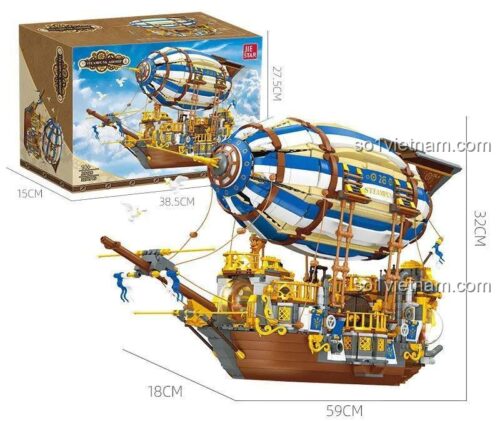 Kích thước đồ chơi mô hình Tàu bay hơi nước Steampunk JIESTAR JJ9126, dài 59cm, cao 32cm, quà tặng sáng tạo cho con trai.