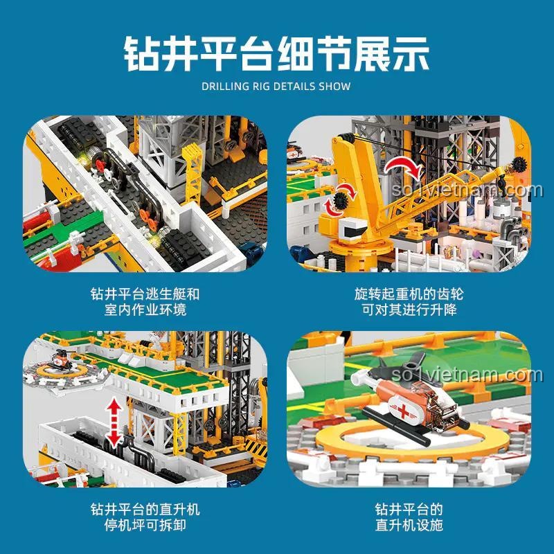 Chi tiết bộ lắp ghép Giàn Khoan Dầu Khí Biển JIESTAR JJ9135, thể hiện thuyền cứu sinh, môi trường làm việc trong nhà, cần cẩu xoay nâng hạ, sân bay trực thăng tháo rời.