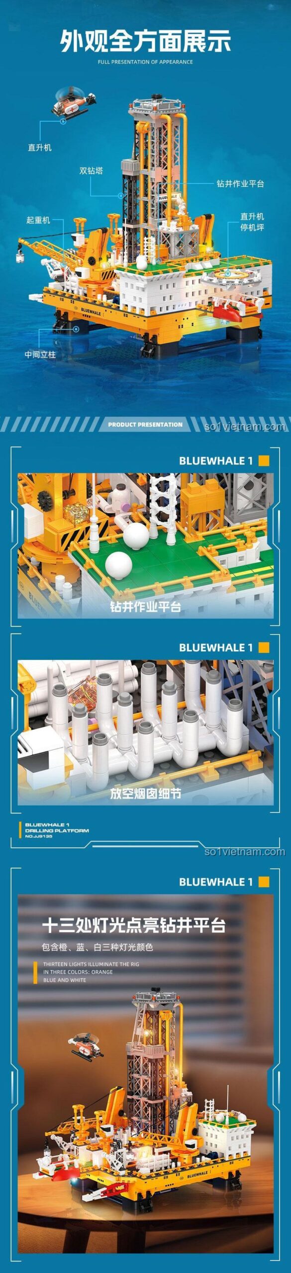 Bộ lắp ghép JIESTAR JJ9135 Giàn Khoan Dầu Khí Biển, trình bày chi tiết các khu vực hoạt động và thiết bị trên giàn khoan.