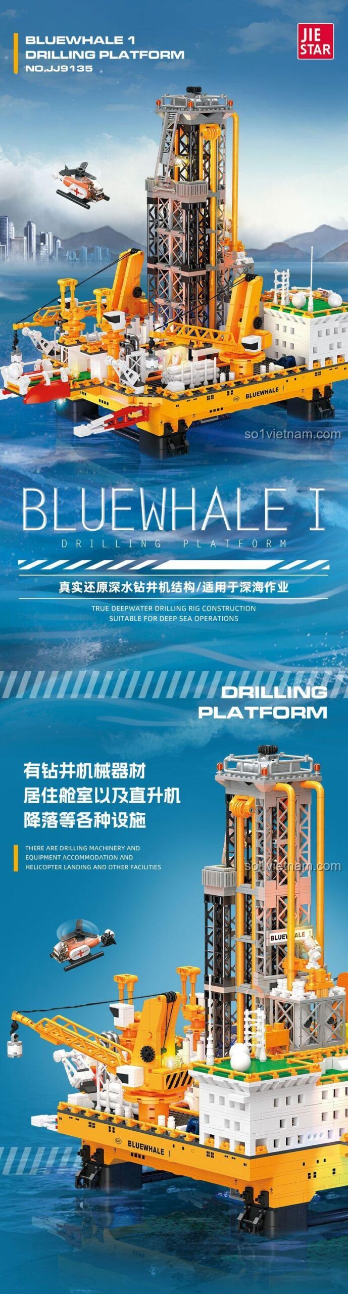 JIESTAR JJ9135 Giàn Khoan Blue Whale I, mô hình giàn khoan nước sâu chân thực, phù hợp cho hoạt động biển sâu.