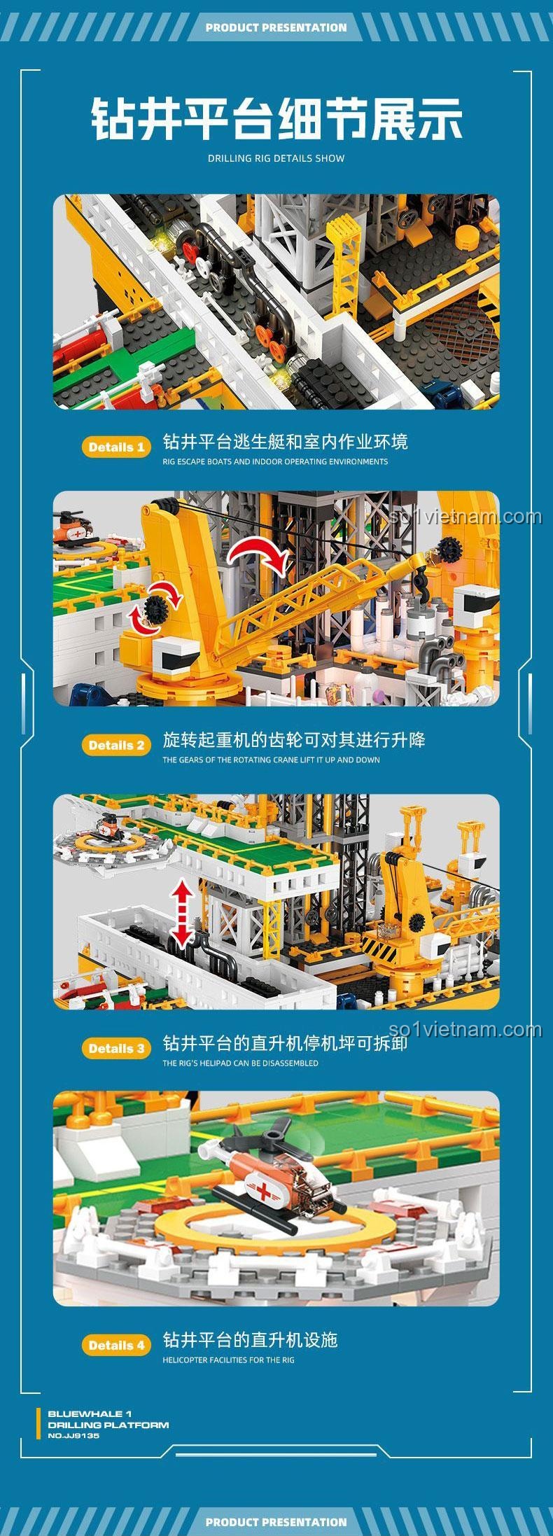 Chi tiết gần của bộ lắp ghép Giàn Khoan Dầu Khí Biển JIESTAR JJ9135, thể hiện thuyền cứu sinh, cần cẩu xoay và sân bay trực thăng.