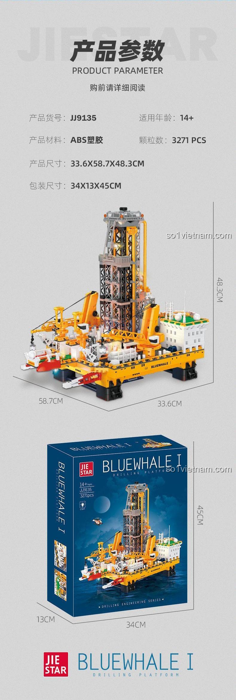 Thông số kỹ thuật của bộ lắp ghép JIESTAR JJ9135 Giàn Khoan Dầu Khí Biển, bao gồm mã sản phẩm, độ tuổi, chất liệu, số chi tiết, kích thước mô hình và kích thước hộp.