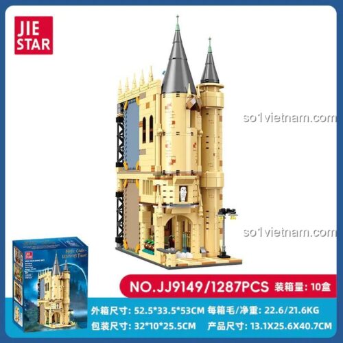Hộp đồ chơi lắp ghép Lâu đài Phép thuật JIESTAR 9149, thể hiện kích thước sản phẩm và số chi tiết 1287, dành cho bé 8 tuổi, giá tiết kiệm.