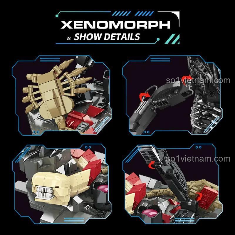 Chi tiết sắc nét của bộ lắp ghép Quái vật Xenomorph JIESTAR, từ Facehugger đến các khớp nối.