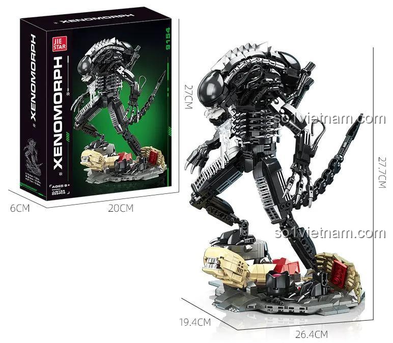Kích thước chi tiết của bộ lắp ráp Sinh vật ngoài hành tinh Xenomorph JIESTAR JJ9154, cao 27.7cm.