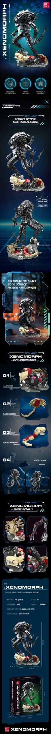 Poster thông tin chi tiết về bộ lắp ráp JIESTAR JJ9154 Quái vật Xenomorph 882 mảnh.