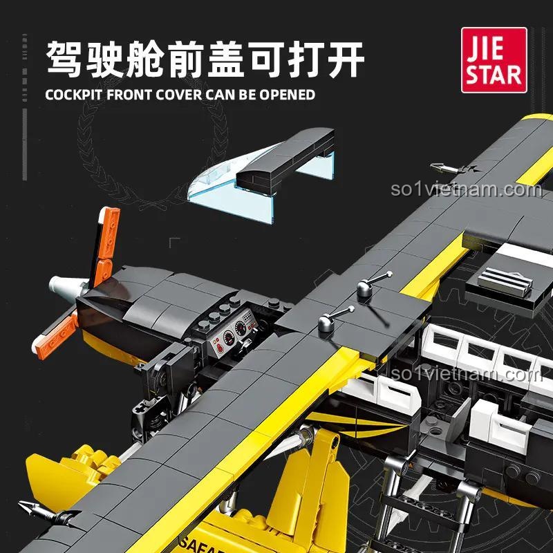 Cận cảnh tính năng nắp buồng lái có thể mở của bộ đồ chơi Máy bay Air Safaris JJ9172, cho thấy các chi tiết bảng điều khiển bên trong.